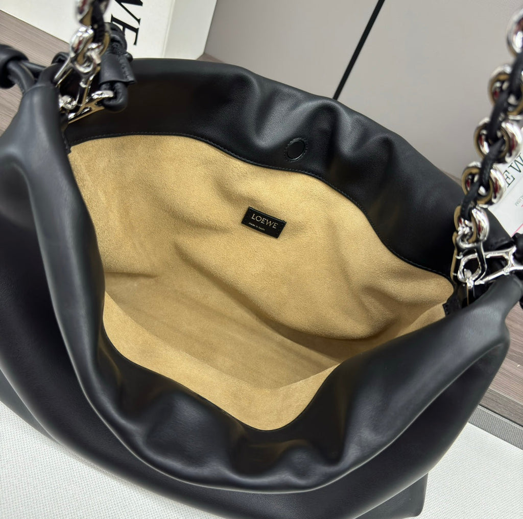 LOEWE LOE LARGE 41 FLAMENCO PURSE BUCKET IN BLACK LAMBSKIN SILVER HARDWARE