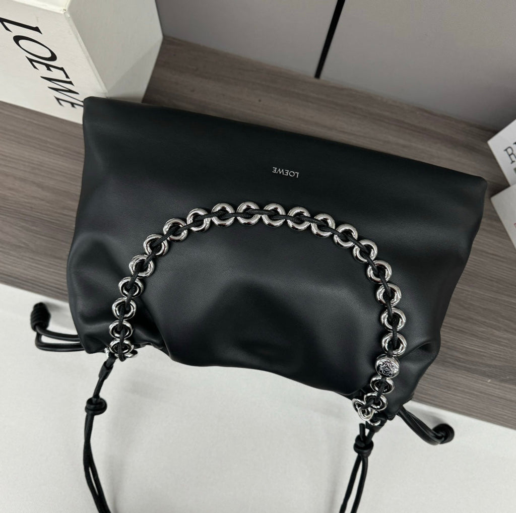 LOEWE LOE LARGE 41 FLAMENCO PURSE BUCKET IN BLACK LAMBSKIN SILVER HARDWARE