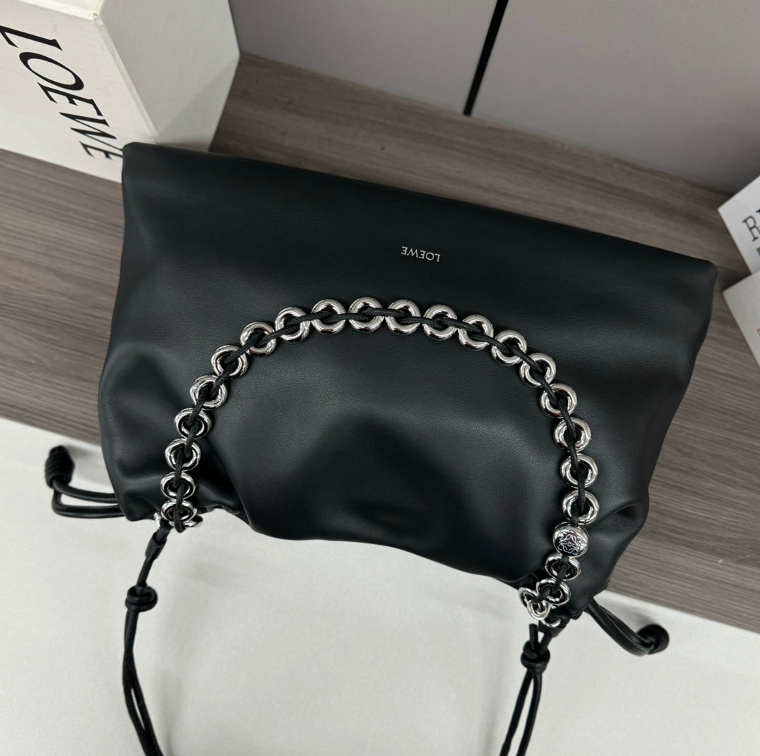 LOEWE LOE LARGE 41 FLAMENCO PURSE BUCKET IN BLACK LAMBSKIN SILVER HARDWARE