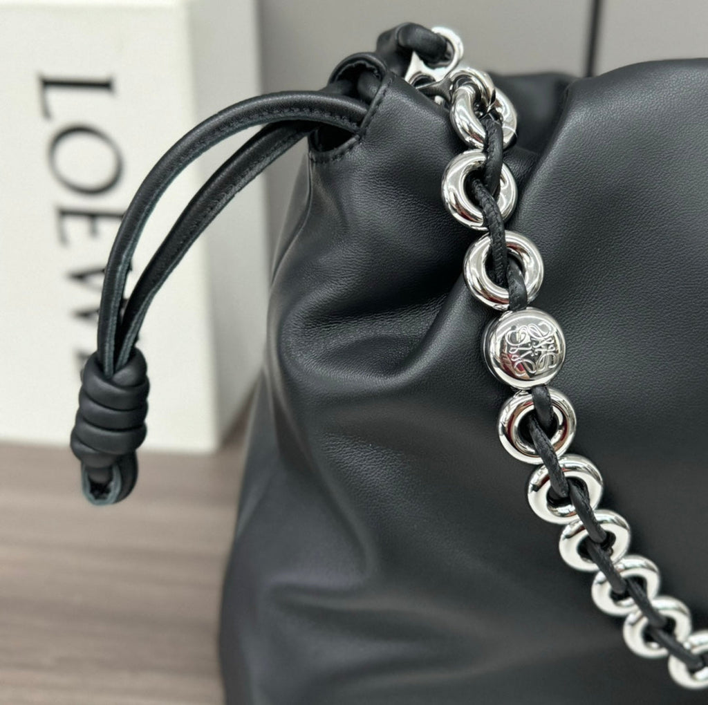 LOEWE LOE LARGE 41 FLAMENCO PURSE BUCKET IN BLACK LAMBSKIN SILVER HARDWARE