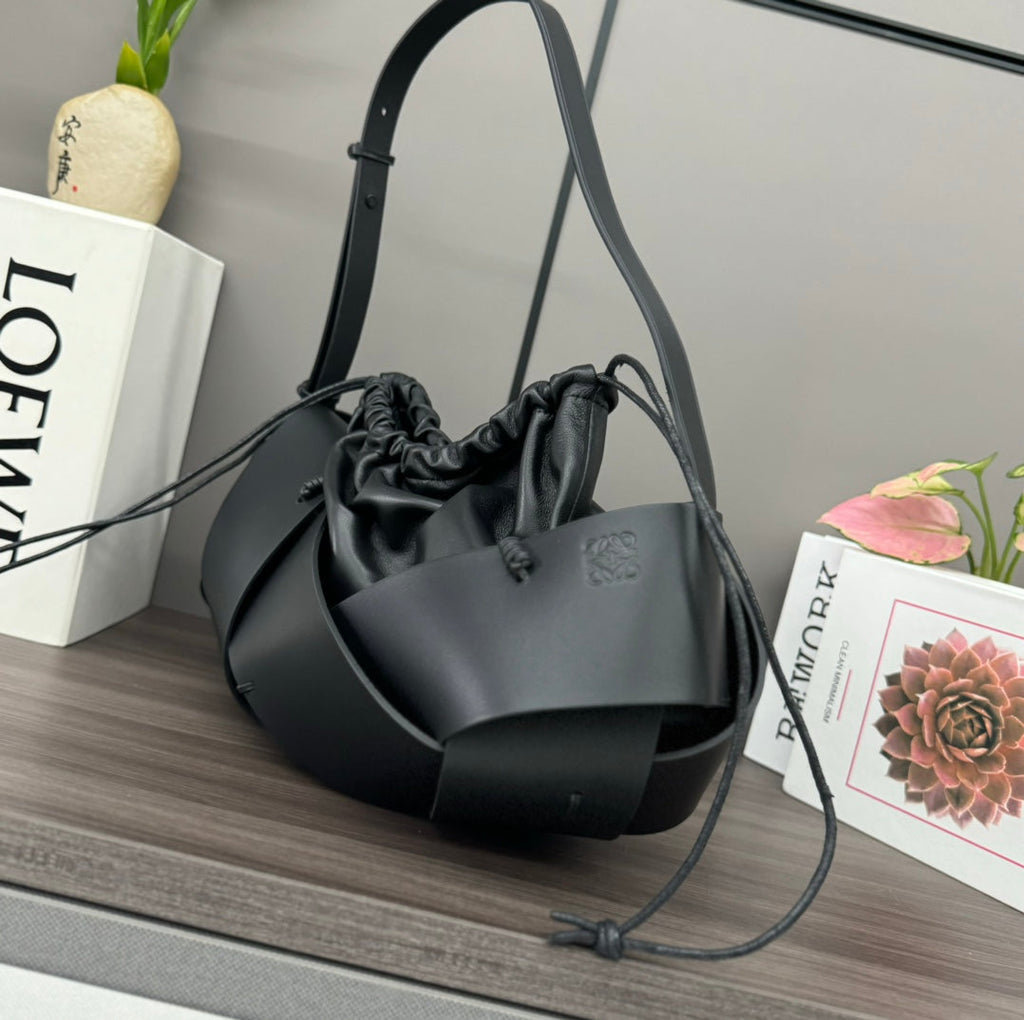 LOEWE LOE INTERLACED HOBO 38 BAG IN BLACK CALFSKIN