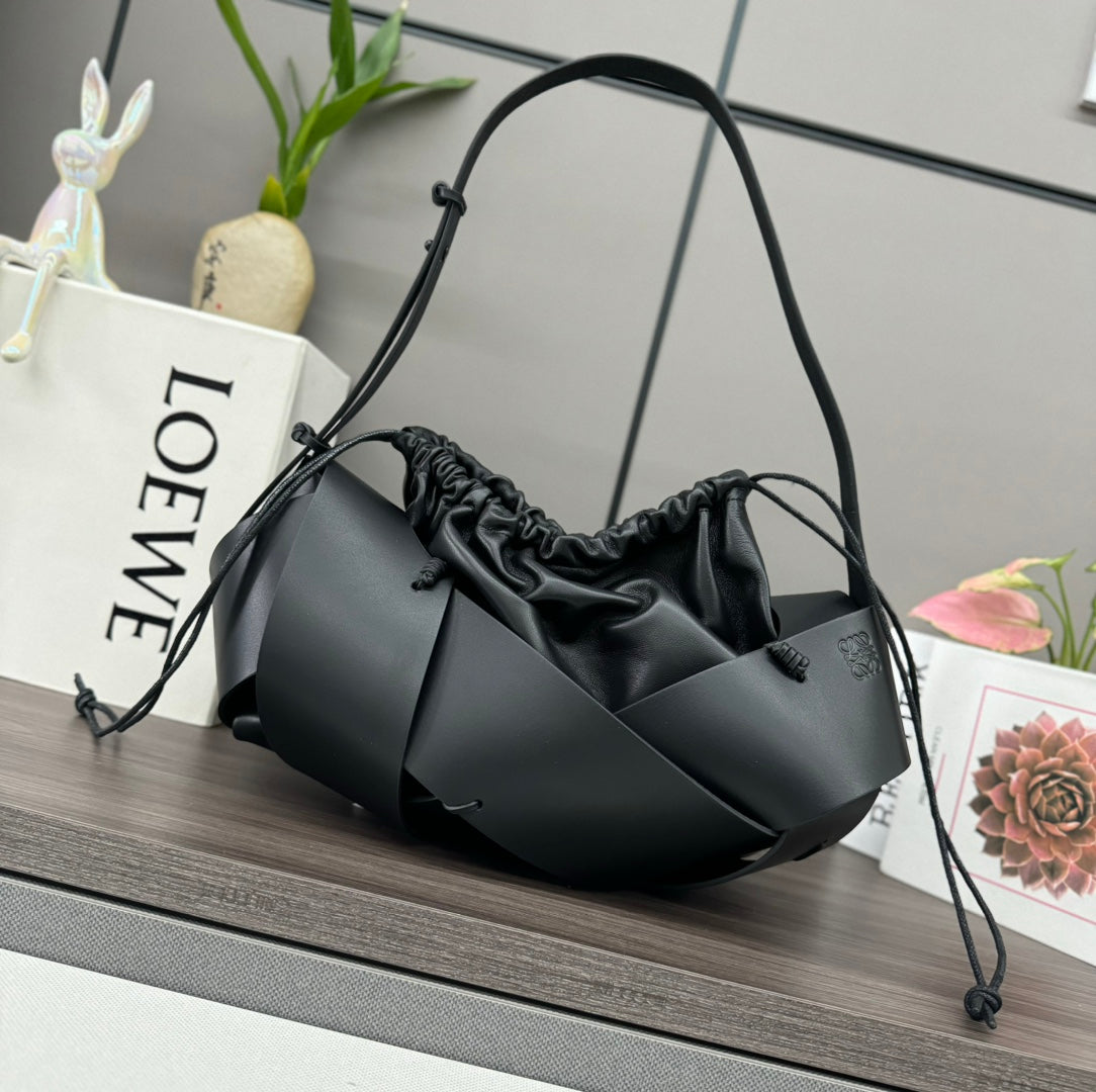LOEWE LOE INTERLACED HOBO 38 BAG IN BLACK CALFSKIN
