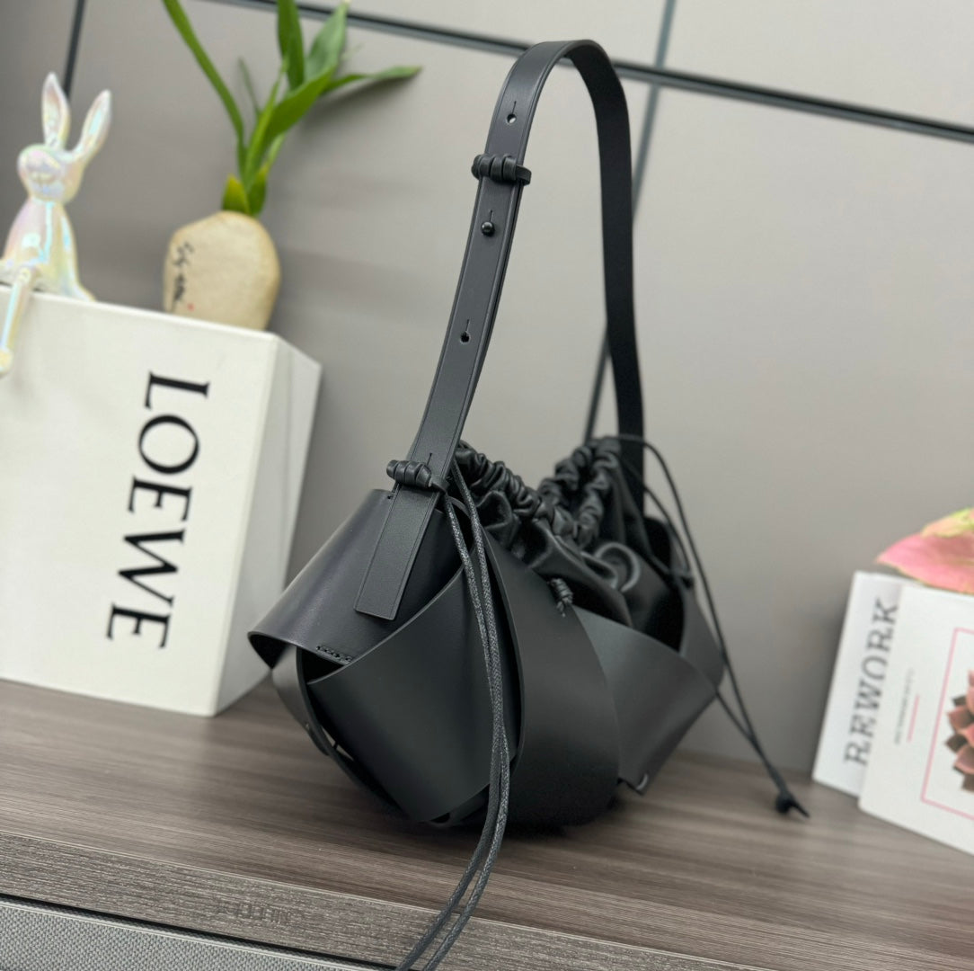 LOEWE LOE INTERLACED HOBO 38 BAG IN BLACK CALFSKIN