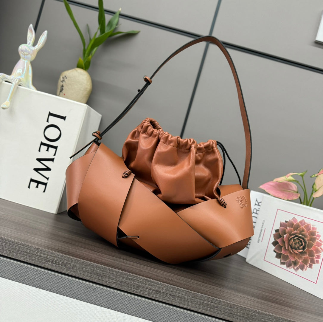 LOEWE LOE INTERLACED HOBO 38 BAG IN BRONZE BROWN CALFSKIN