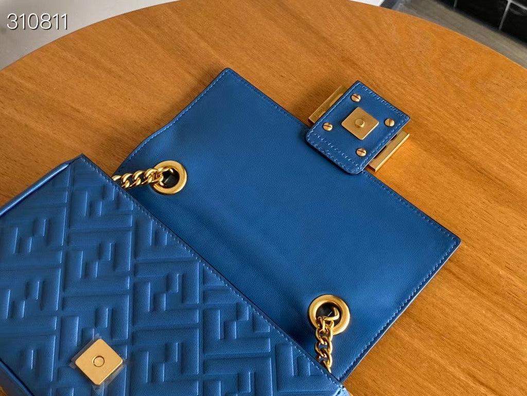 FENDI Fend Baguette 24 Bag With FF Motif Blue Leather Ghw