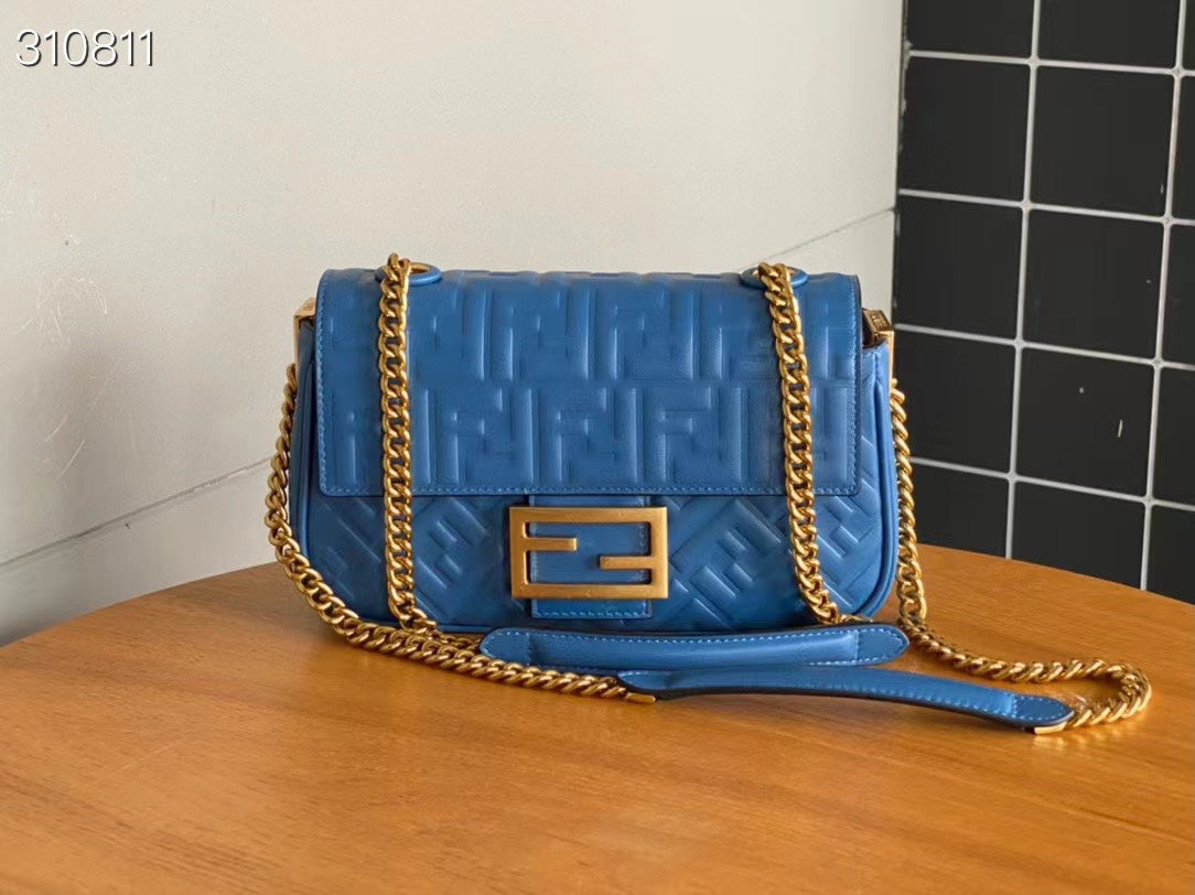 FENDI Fend Baguette 24 Bag With FF Motif Blue Leather Ghw