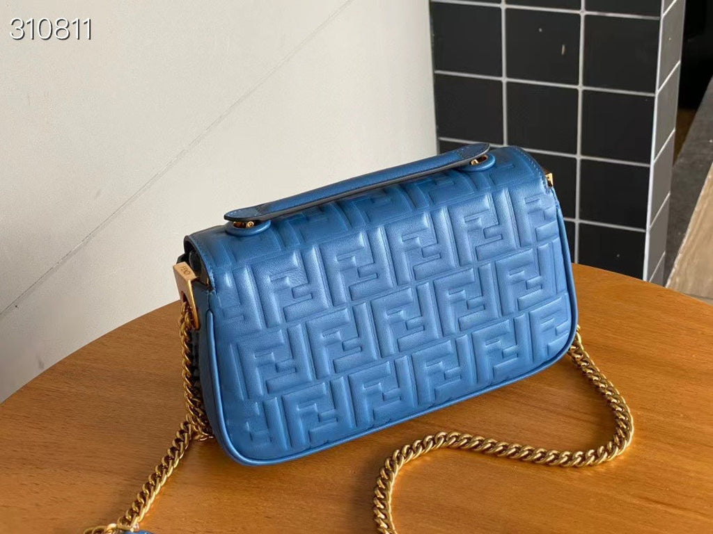 FENDI Fend Baguette 24 Bag With FF Motif Blue Leather Ghw