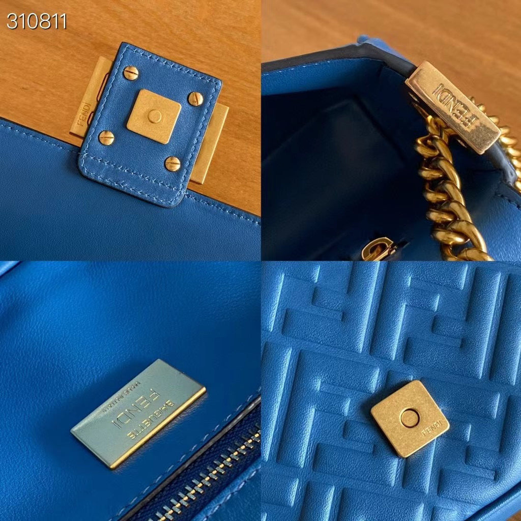 FENDI Fend Baguette 24 Bag With FF Motif Blue Leather Ghw