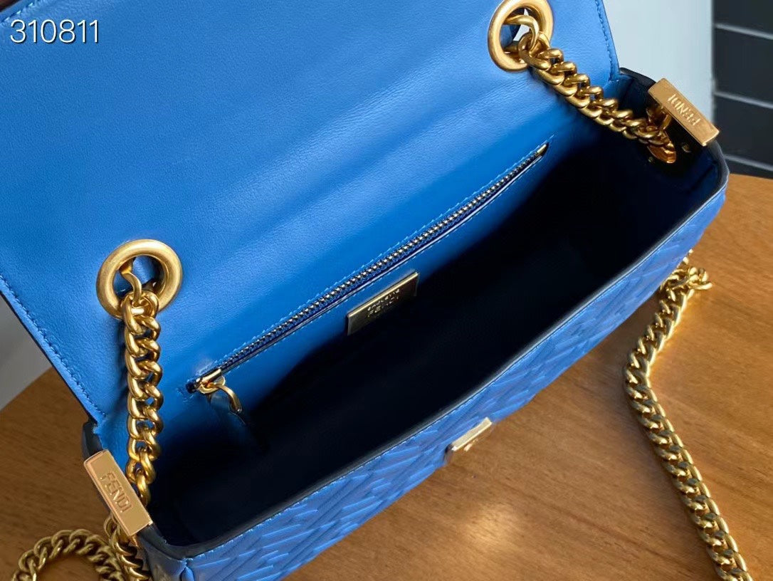 FENDI Fend Baguette 24 Bag With FF Motif Blue Leather Ghw