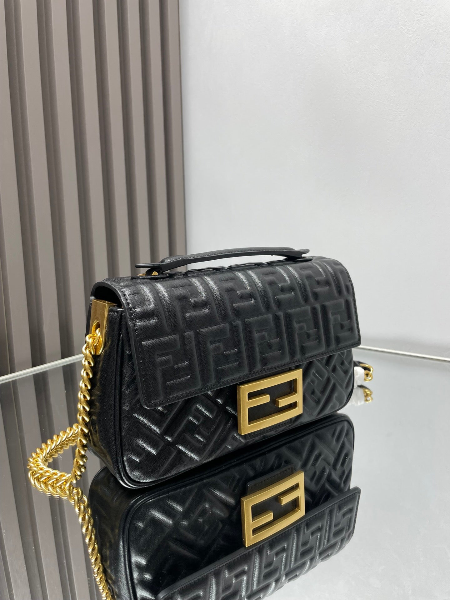 FENDI Fend Baguette 24 Bag With FF Motif Black Leather Ghw
