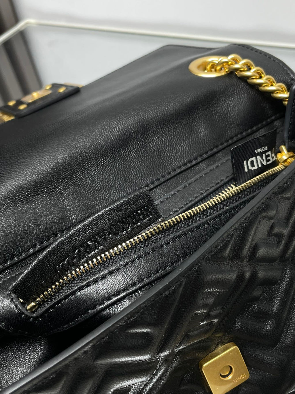 FENDI Fend Baguette 24 Bag With FF Motif Black Leather Ghw