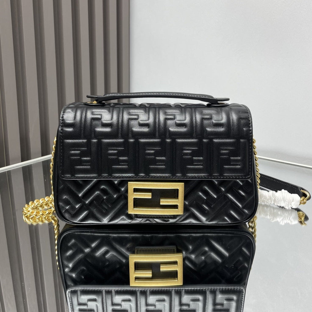 FENDI Fend Baguette 24 Bag With FF Motif Black Leather Ghw