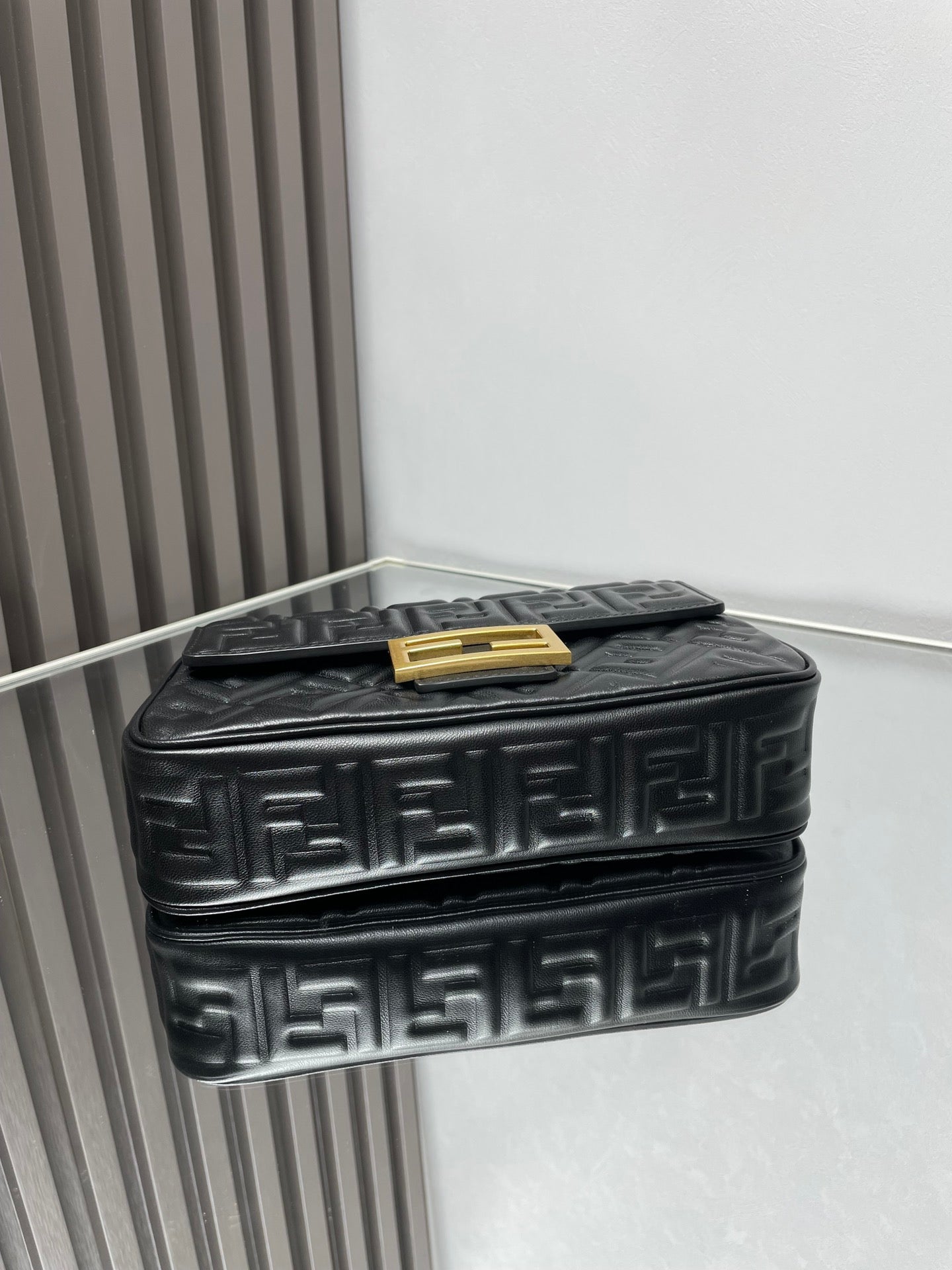 FENDI Fend Baguette 24 Bag With FF Motif Black Leather Ghw