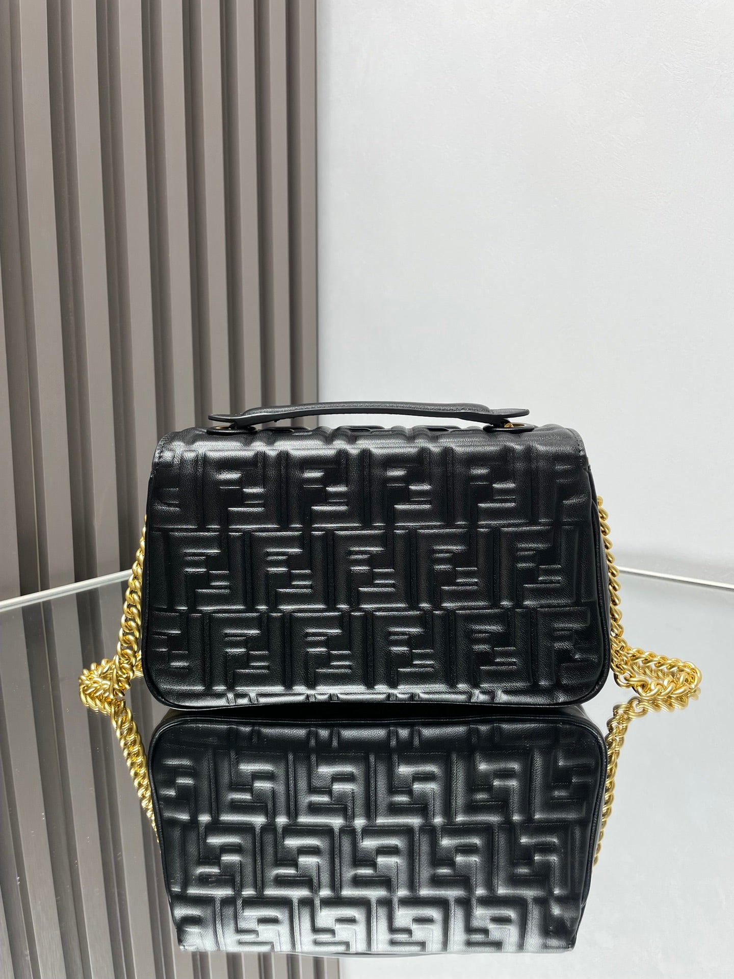FENDI Fend Baguette 24 Bag With FF Motif Black Leather Ghw