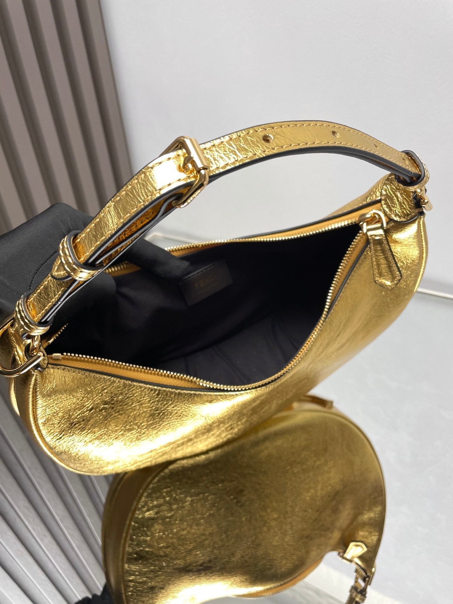 FENDI FENDIGRAPHY MEDIUM 29 IN GOLD METALLIC SMOOTH LAMBSKIN GOLD HARDWARE