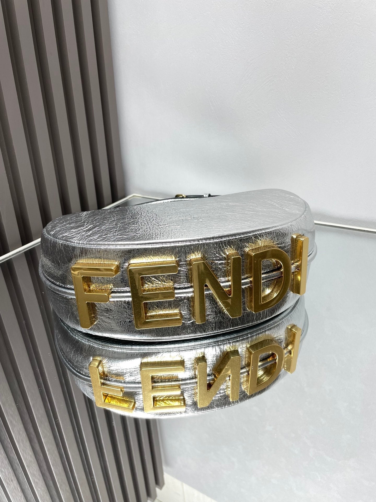 FENDI FENDIGRAPHY MEDIUM 29 IN SILVER METALLIC SMOOTH LAMBSKIN GOLD HARDWARE