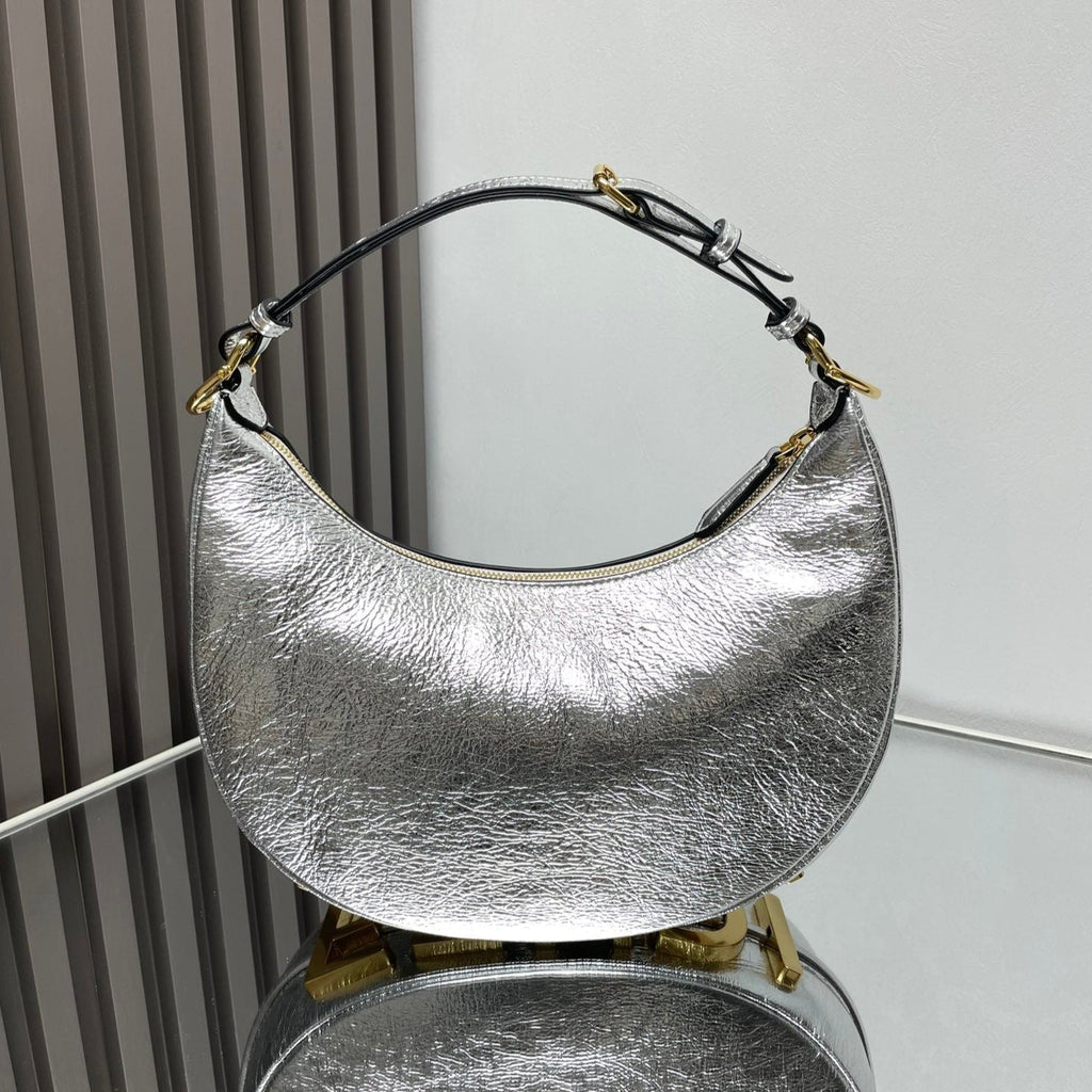 FENDI FENDIGRAPHY MEDIUM 29 IN SILVER METALLIC SMOOTH LAMBSKIN GOLD HARDWARE
