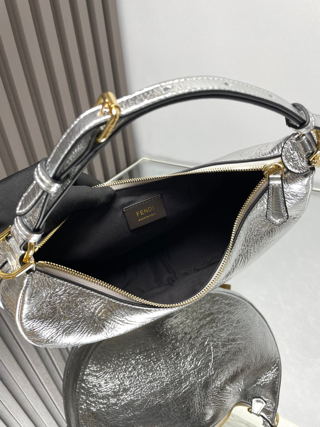 FENDI FENDIGRAPHY MEDIUM 29 IN SILVER METALLIC SMOOTH LAMBSKIN GOLD HARDWARE