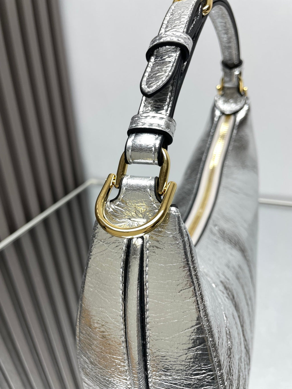 FENDI FENDIGRAPHY MEDIUM 29 IN SILVER METALLIC SMOOTH LAMBSKIN GOLD HARDWARE