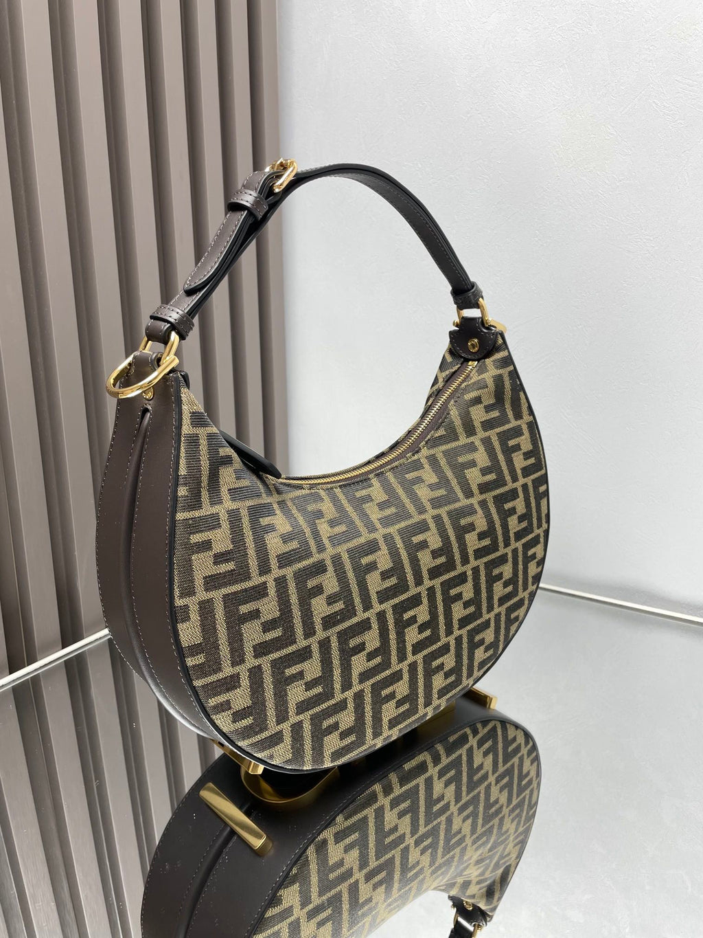 FENDI FENDIGRAPHY MEDIUM 29 IN GURKHA JACQUARD FABRIC FF MOTIF GOLD HARDWARE