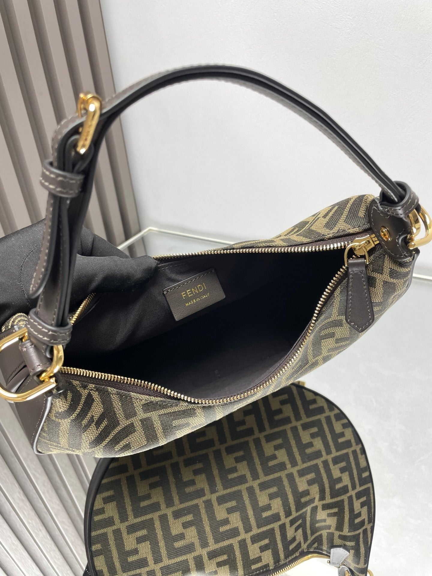 FENDI FENDIGRAPHY MEDIUM 29 IN GURKHA JACQUARD FABRIC FF MOTIF GOLD HARDWARE