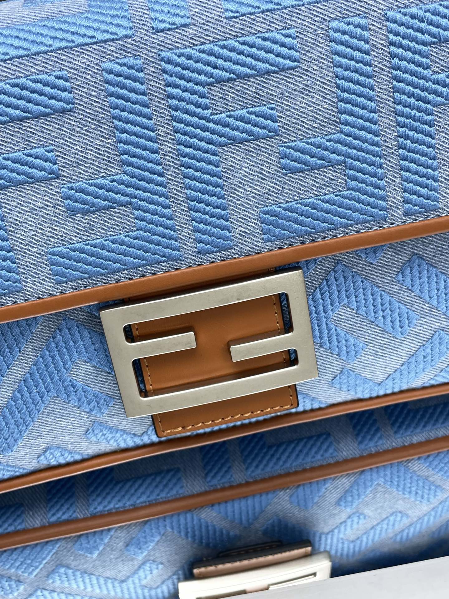 FENDI Fend Baguette Blue Brown Canvas Bag 27 with FF Embroidery Ghw