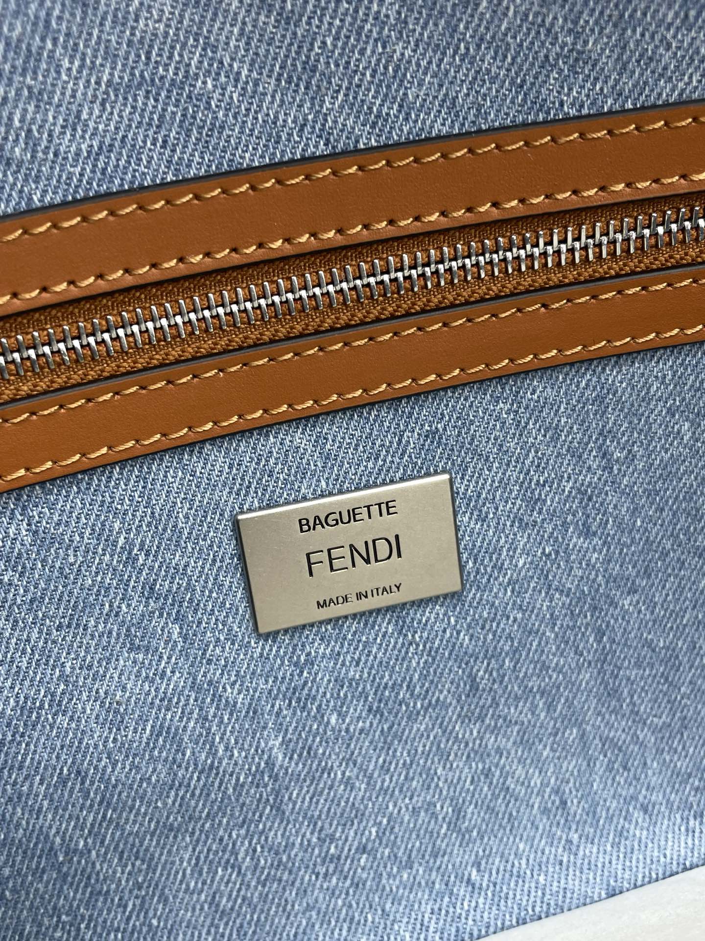 FENDI Fend Baguette Blue Brown Canvas Bag 27 with FF Embroidery Ghw