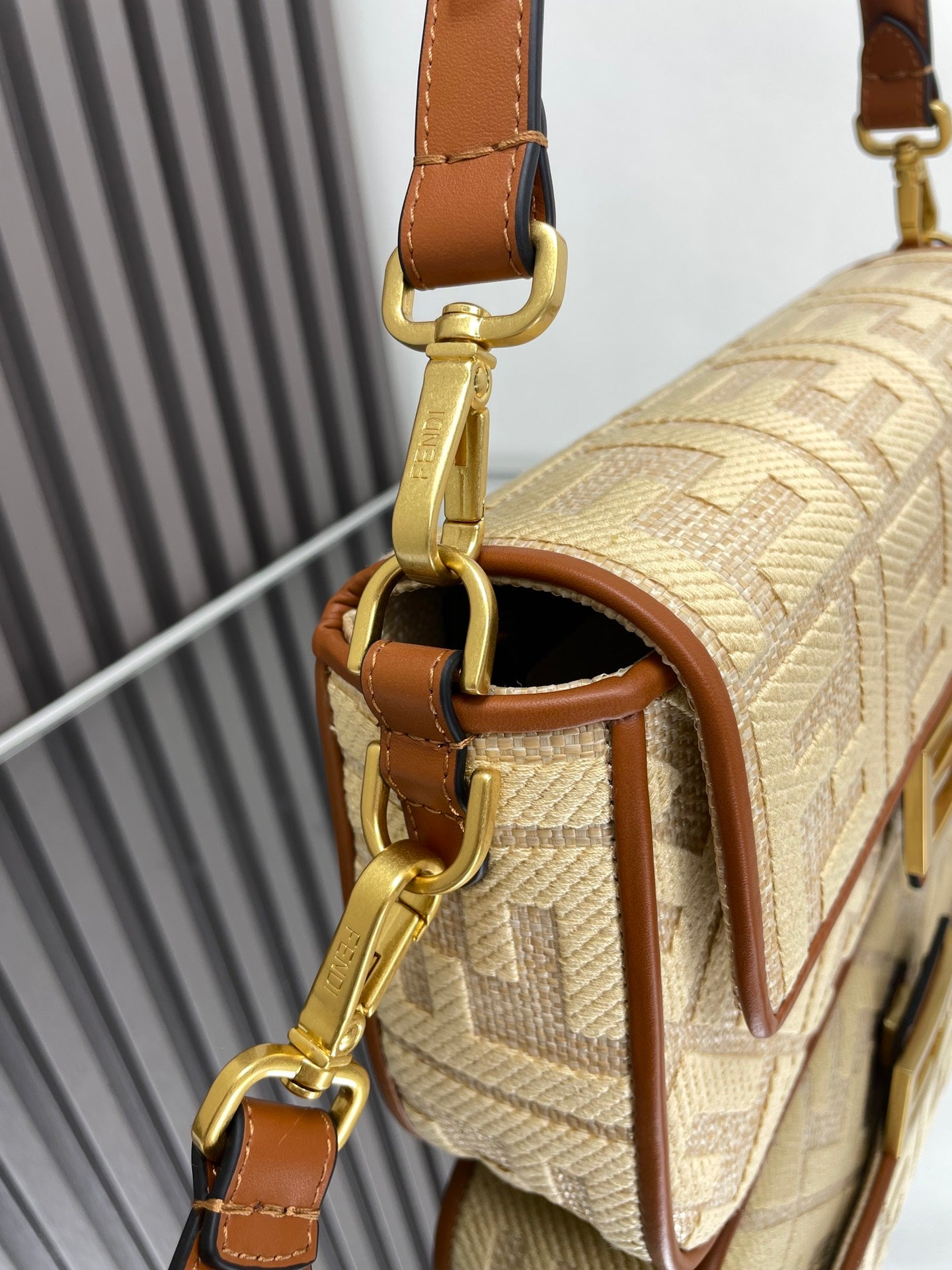 FENDI Fend Baguette Gold Tan Canvas Bag 27 with FF Embroidery Ghw