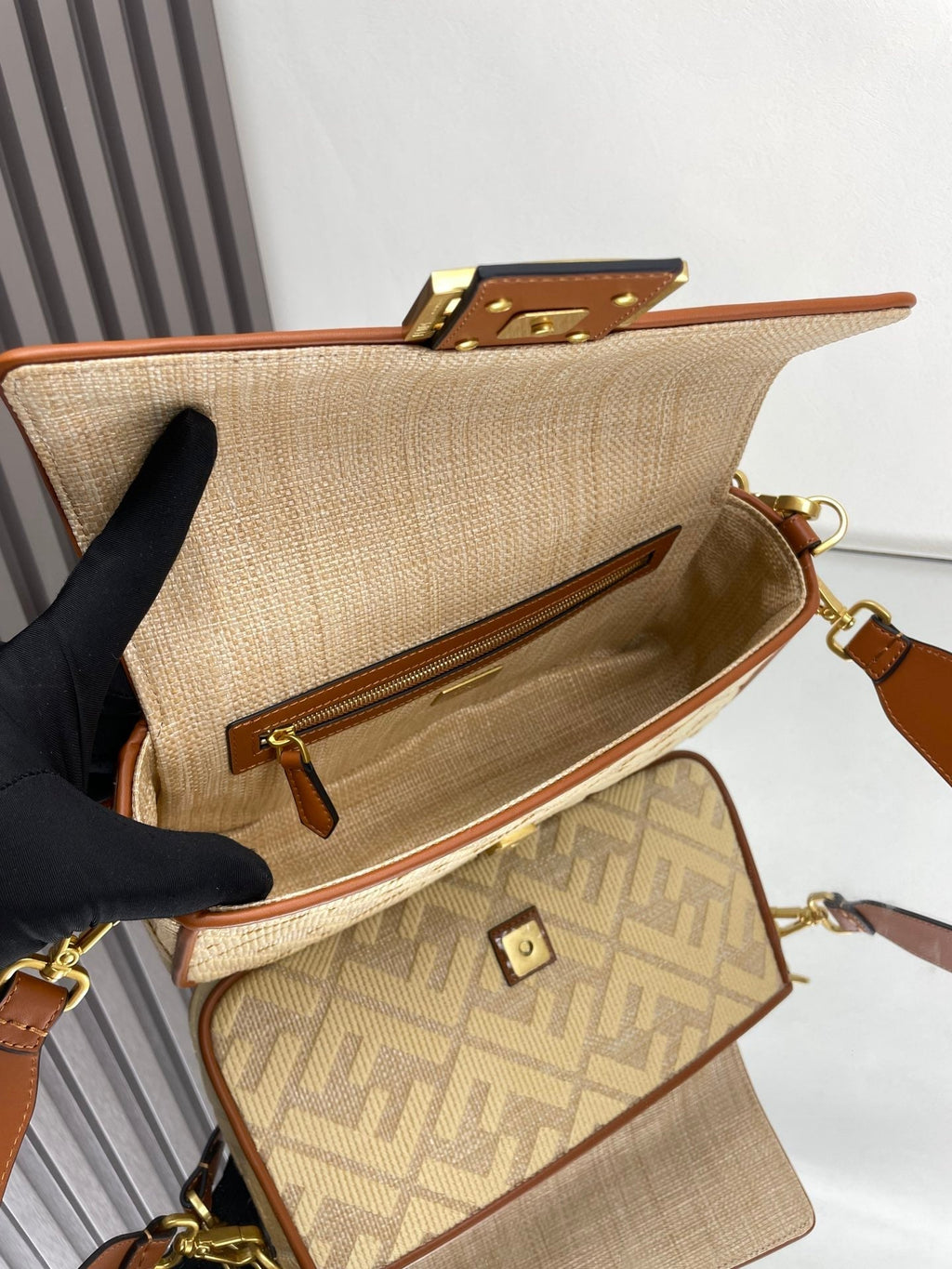 FENDI Fend Baguette Gold Tan Canvas Bag 27 with FF Embroidery Ghw