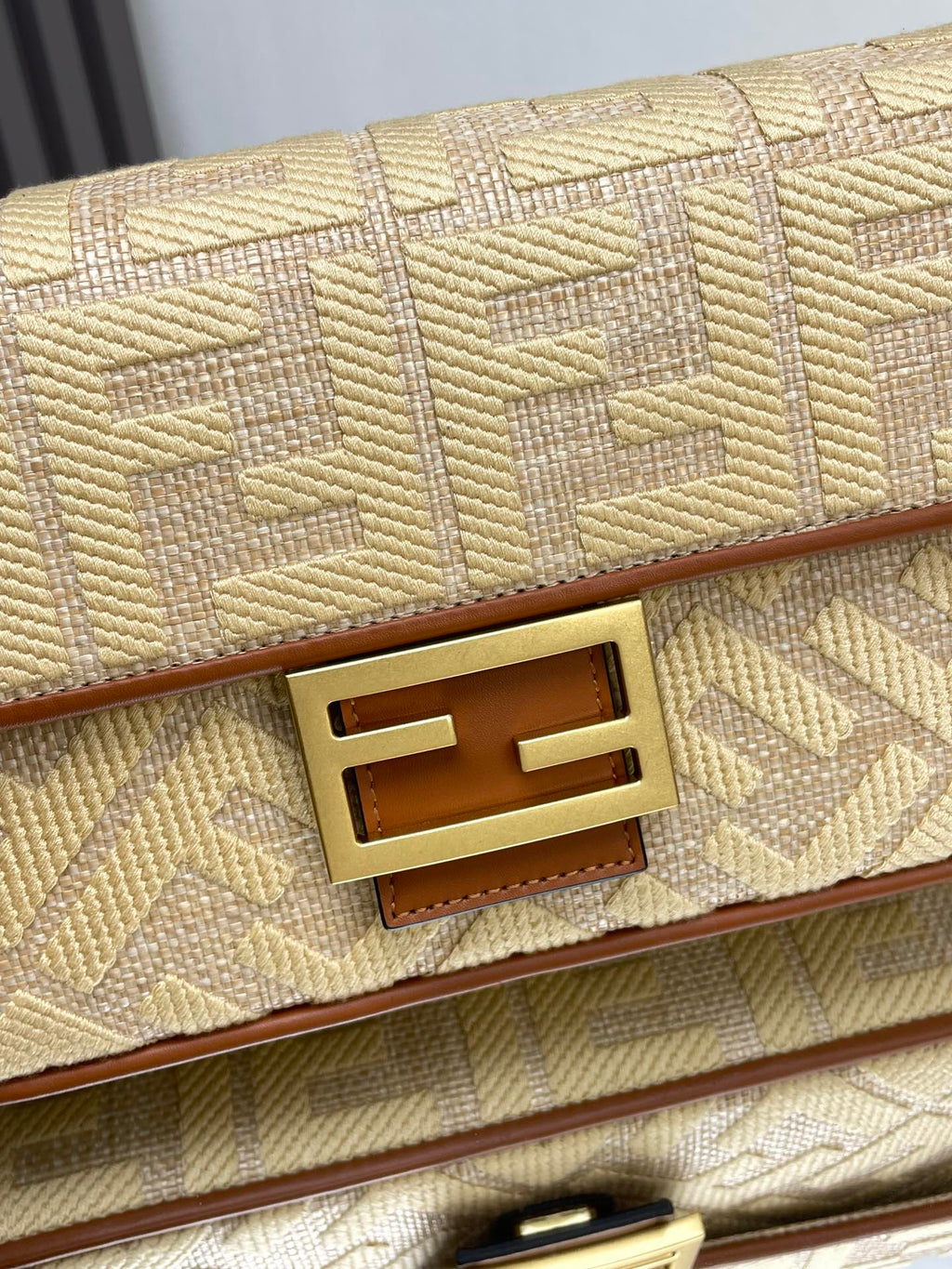 FENDI Fend Baguette Gold Tan Canvas Bag 27 with FF Embroidery Ghw