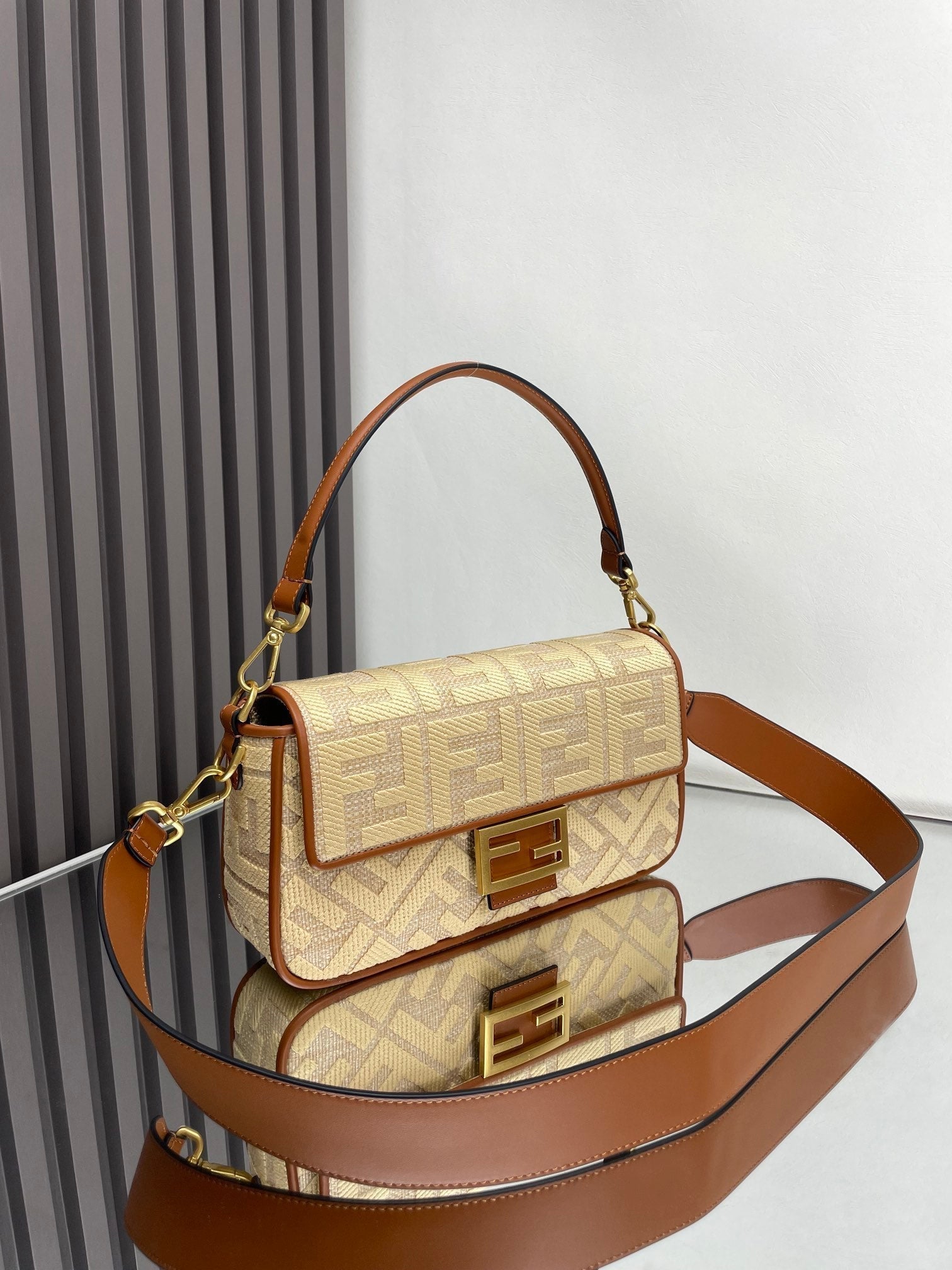 FENDI Fend Baguette Gold Tan Canvas Bag 27 with FF Embroidery Ghw