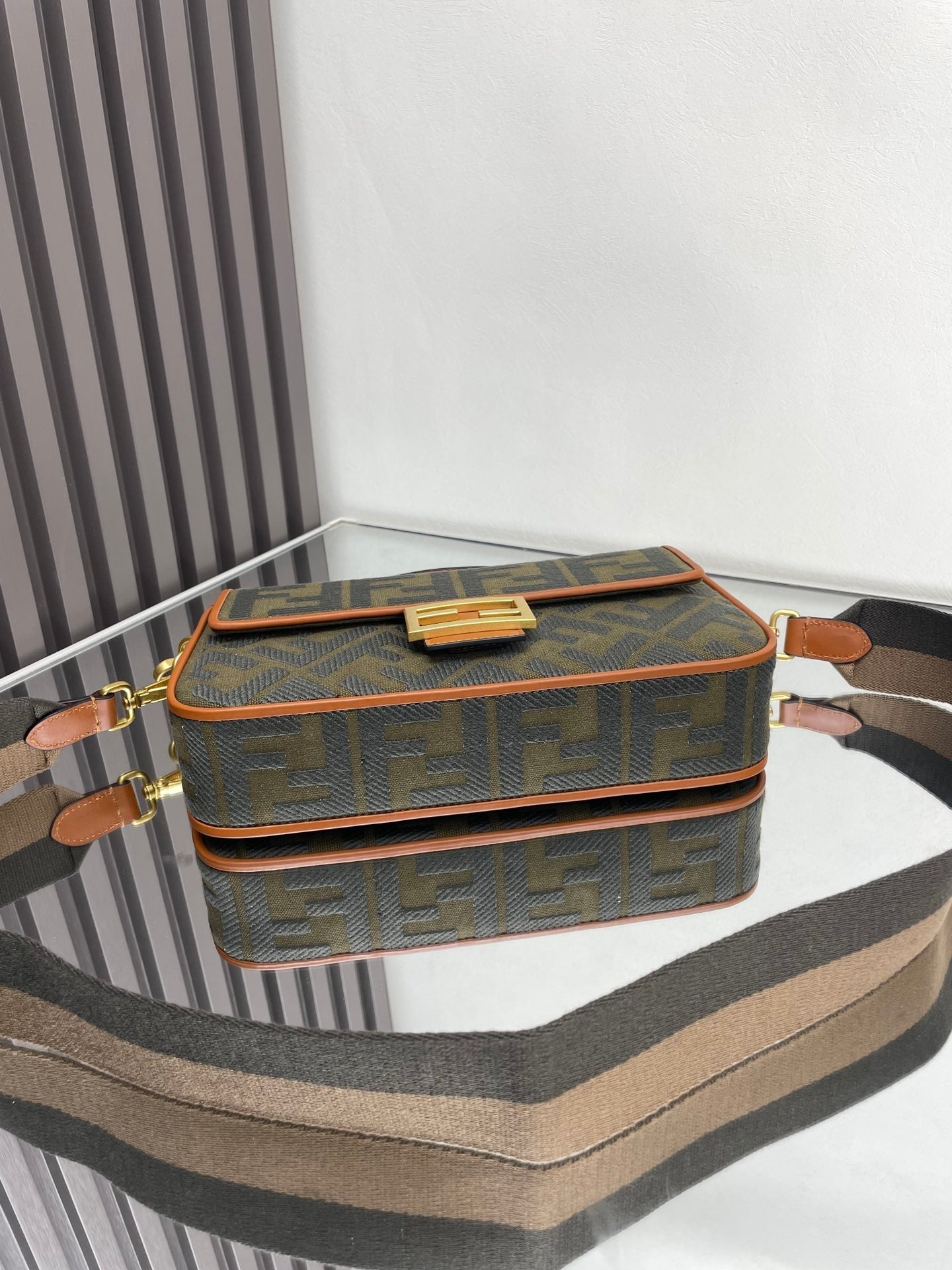FENDI Fend Baguette Green Canvas Bag 27 with FF Embroidery Ghw