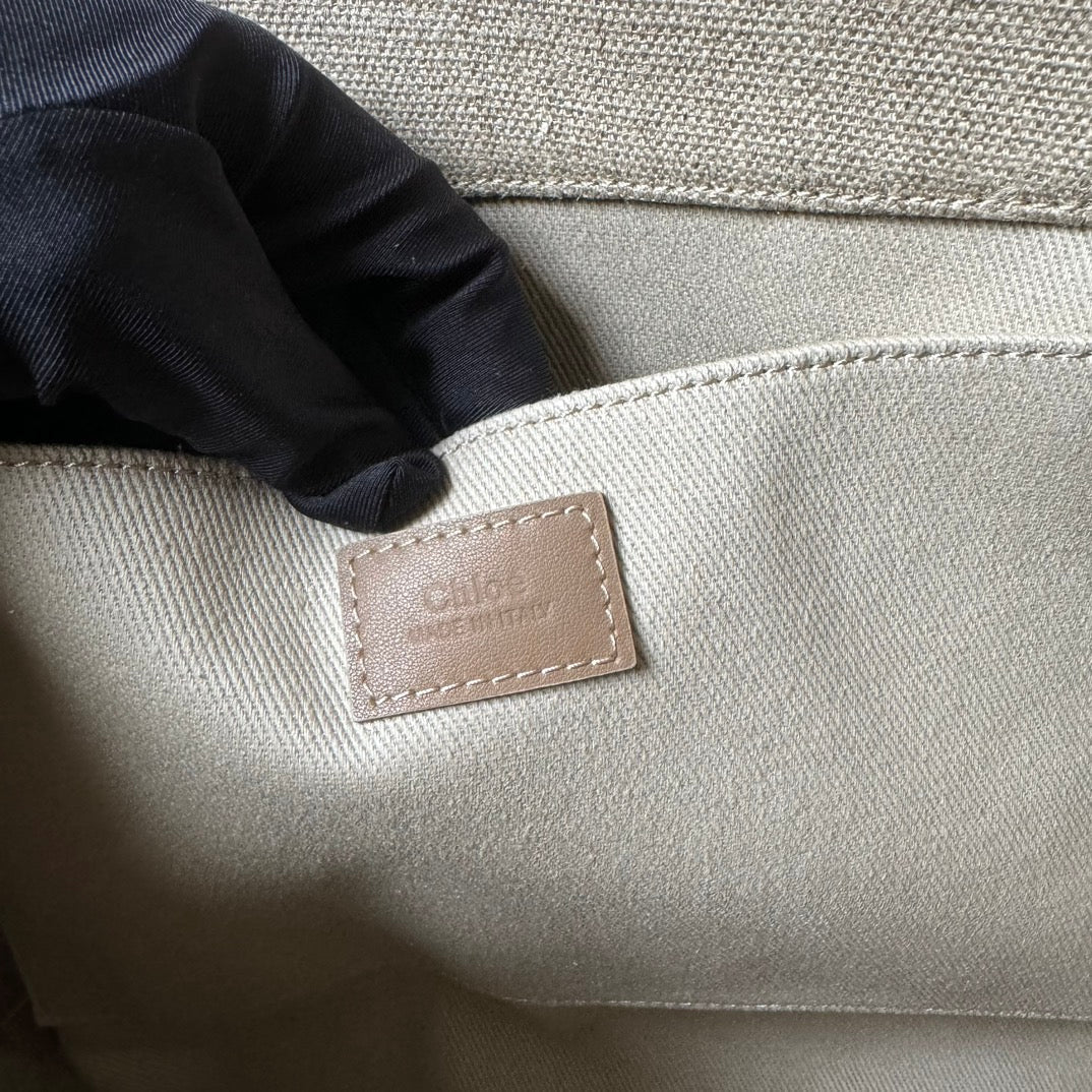 CHLOE MEDIUM WOODY TOTE BAG 37 IN BEIGE LINEN CANVAS LIGHT PINK WEBBING LOGO EMBROIDERY