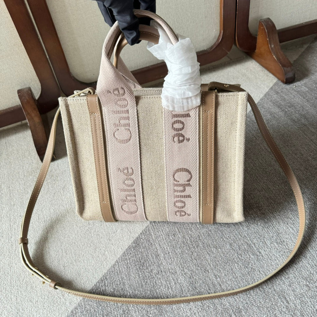 CHLOE SMALL WOODY TOTE BAG 26.5 IN BEIGE LINEN CANVAS LIGHT PINK WEBBING LOGO EMBROIDERY