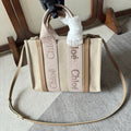 CHLOE SMALL WOODY TOTE BAG 26.5 IN BEIGE LINEN CANVAS LIGHT PINK WEBBING LOGO EMBROIDERY