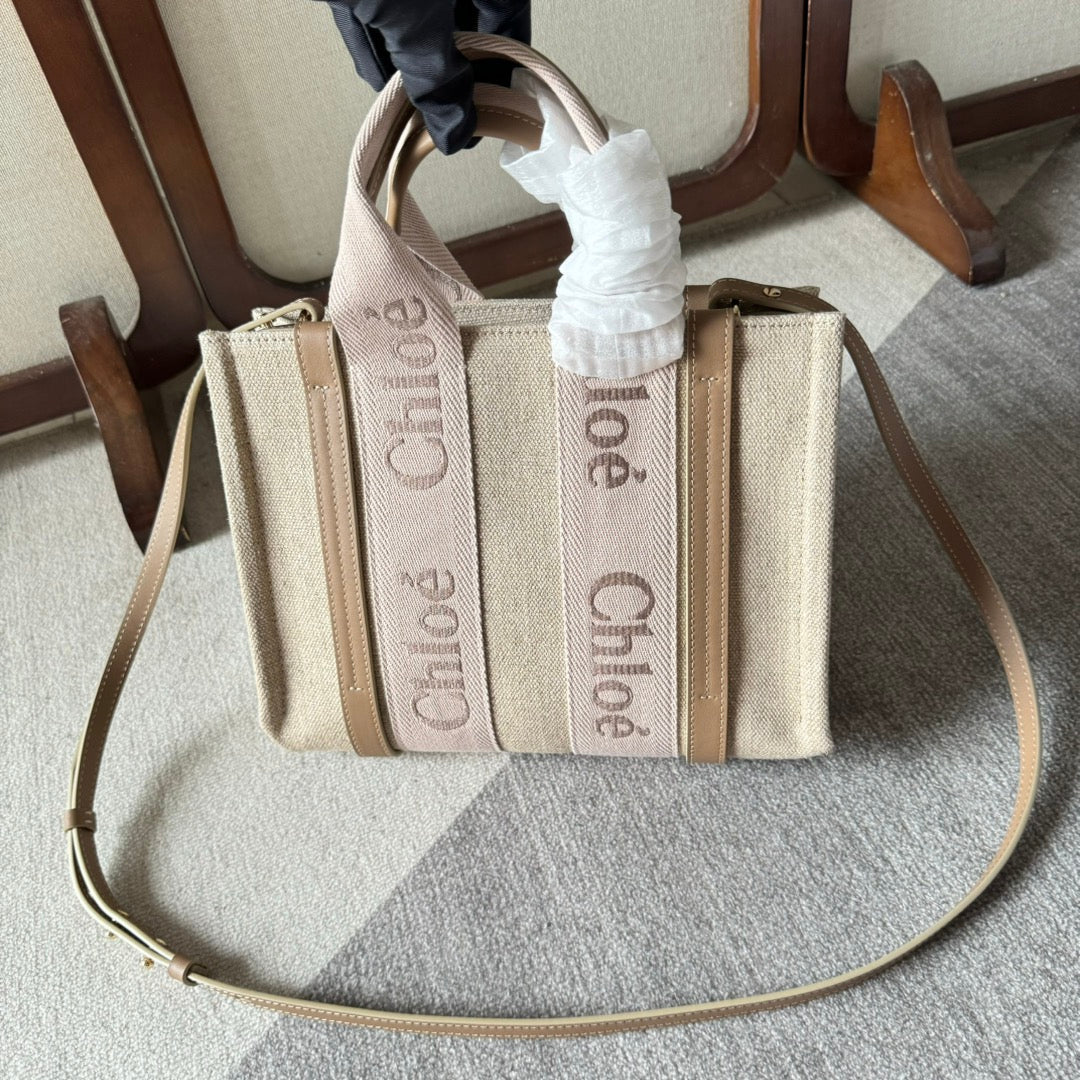 CHLOE SMALL WOODY TOTE BAG 26.5 IN BEIGE LINEN CANVAS LIGHT PINK WEBBING LOGO EMBROIDERY