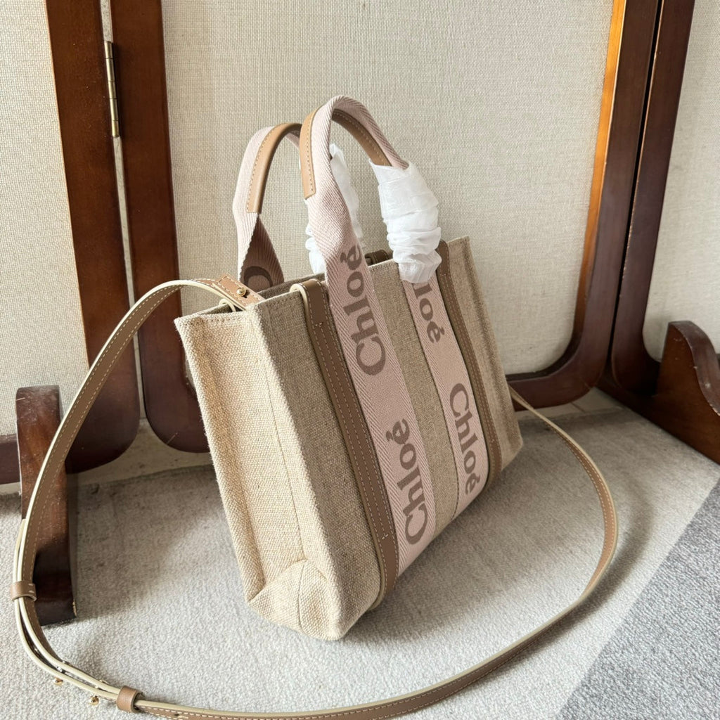 CHLOE SMALL WOODY TOTE BAG 26.5 IN BEIGE LINEN CANVAS LIGHT PINK WEBBING LOGO EMBROIDERY