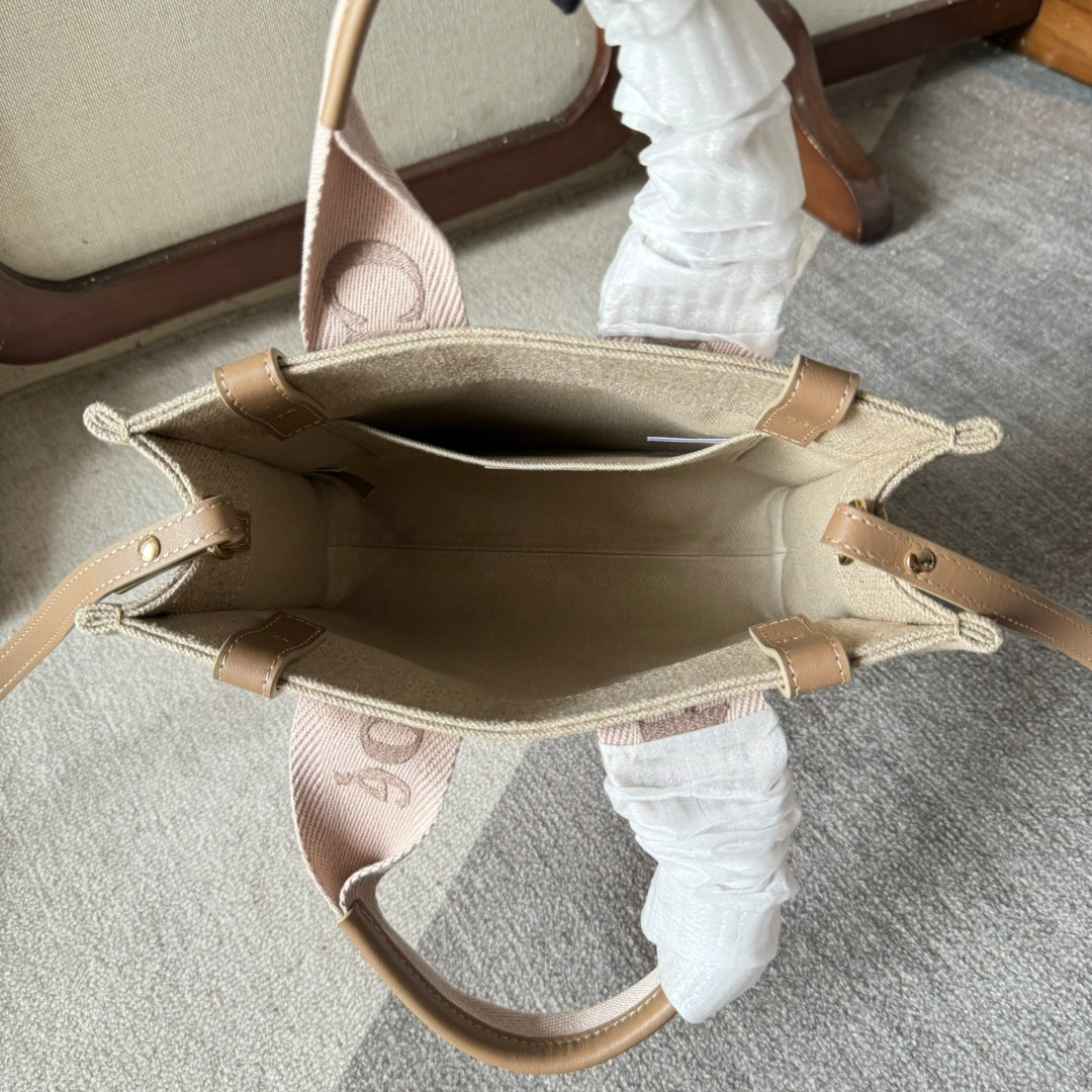CHLOE SMALL WOODY TOTE BAG 26.5 IN BEIGE LINEN CANVAS LIGHT PINK WEBBING LOGO EMBROIDERY