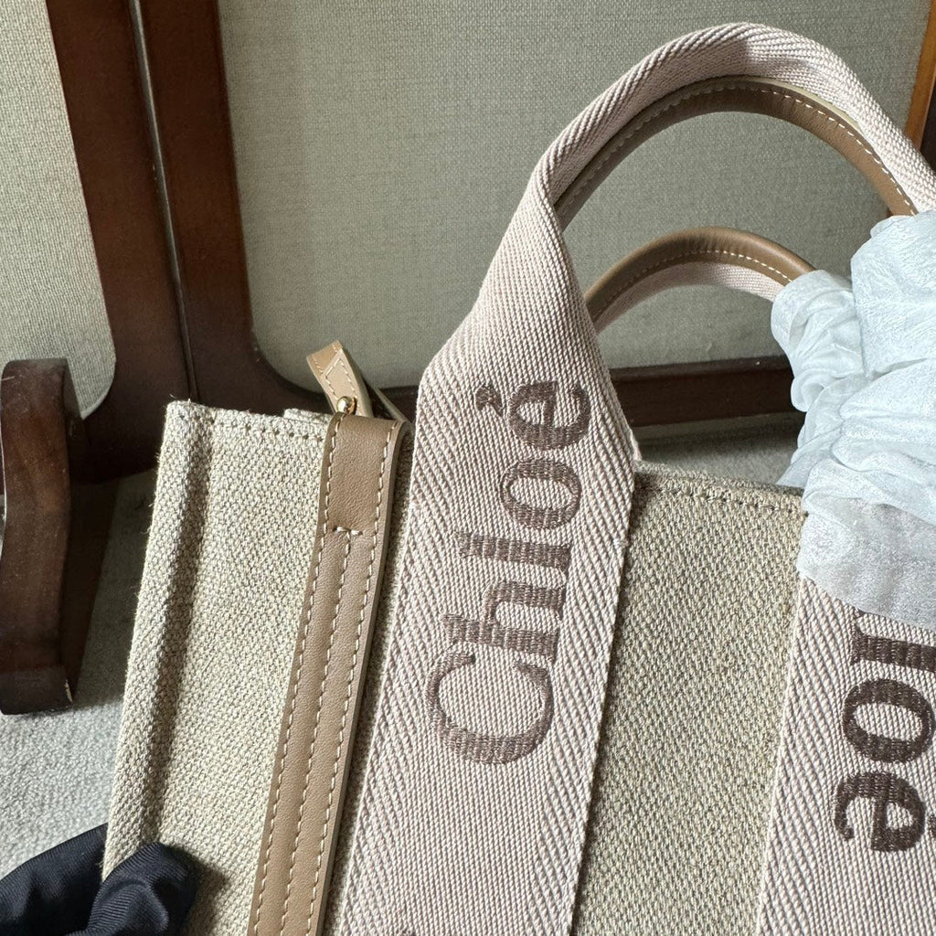 CHLOE SMALL WOODY TOTE BAG 26.5 IN BEIGE LINEN CANVAS LIGHT PINK WEBBING LOGO EMBROIDERY