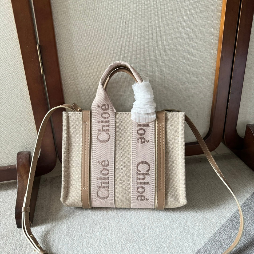 CHLOE SMALL WOODY TOTE BAG 26.5 IN BEIGE LINEN CANVAS LIGHT PINK WEBBING LOGO EMBROIDERY