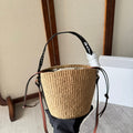 CHLOE SMALL WOODY BASKET 17 IN NATURAL FIBERS BLACK WEBBING BROWN CALFSKIN