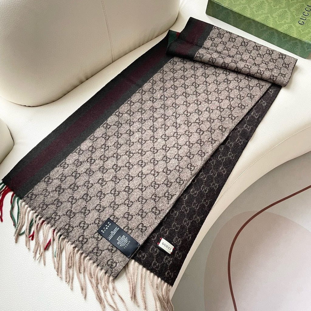 GUCCI SCARF 200 CM IN DARK BROWN MONOGRAM CASHMERE 399765