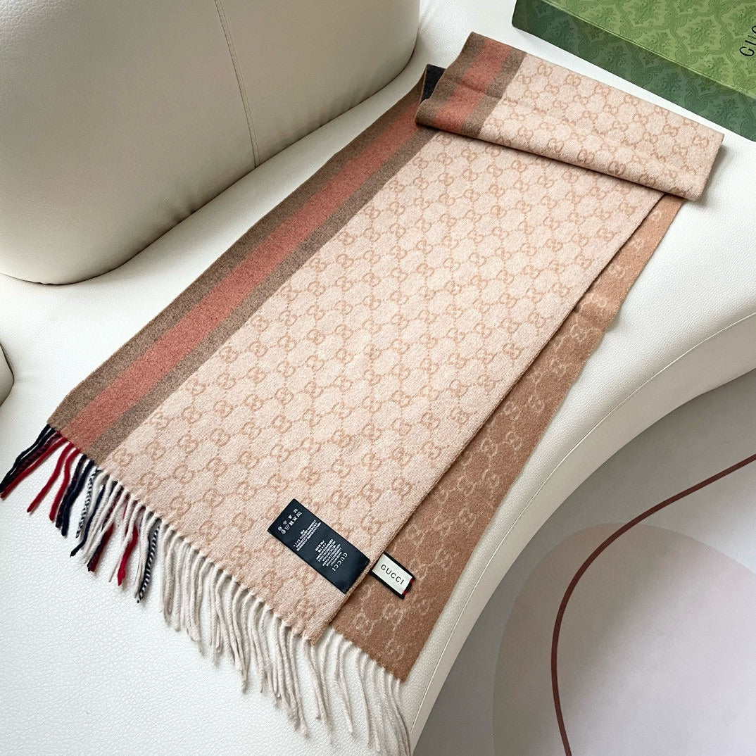 GUCCI SCARF 200 CM IN PEANUT BROWN MONOGRAM CASHMERE 399766