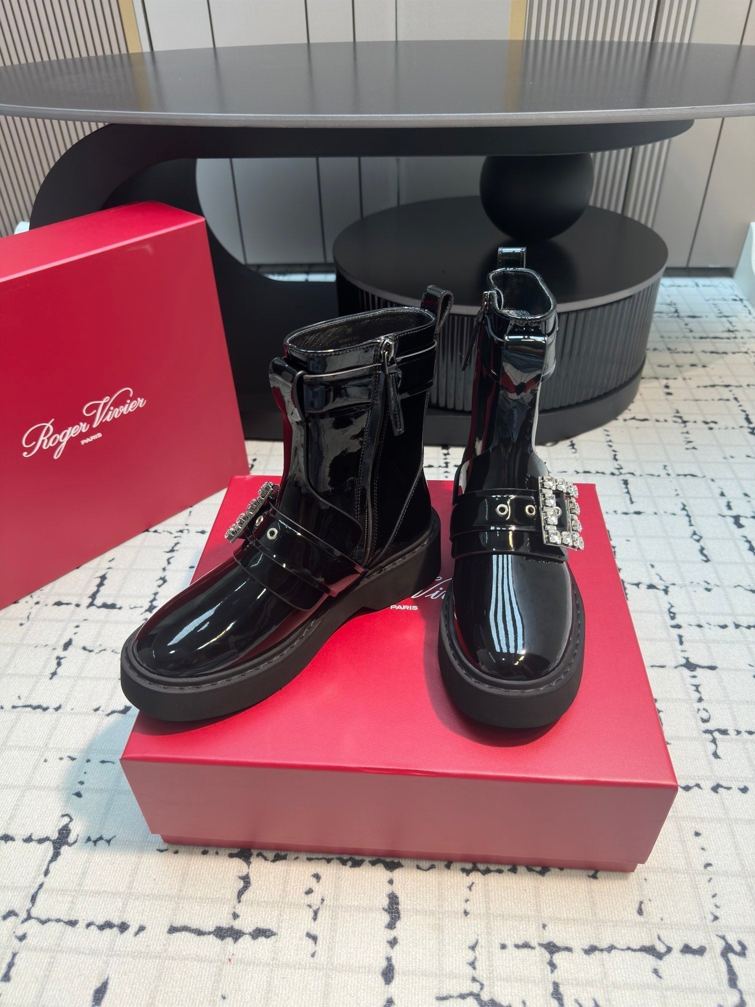 VIV' RANGERS BIKER BOOTIES IN BLACK PATENT CALFSKIN WITH METAL BUCKLE
