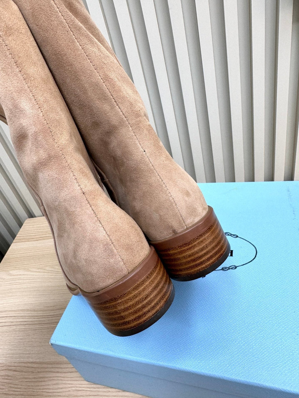 PRADA 25S LOW-CUT BOOTS IN LIGHT CARAMEL BROWN SUEDE