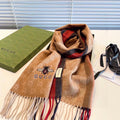 GUCCI STRIPED SCARF 200 CM IN TAWNY BROWN CASHMERE WITH EMBROIDERED BEE 398532