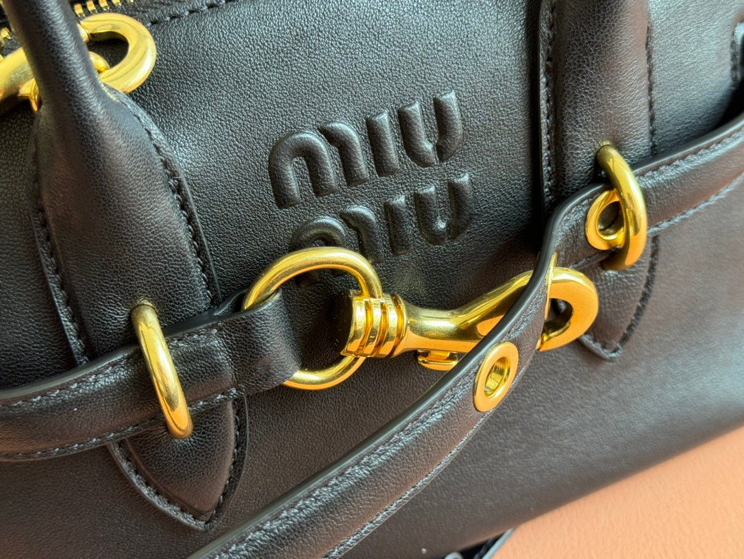 MIU MIU AVENTURE NAPPA BAG 28 IN BLACK LAMBSKIN GOLD HARDWARE