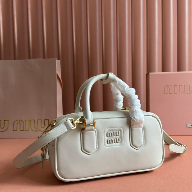 MIU MIU ARCADIE BAG 22 IN WHITE CALFSKIN EMBOSSED LOGO