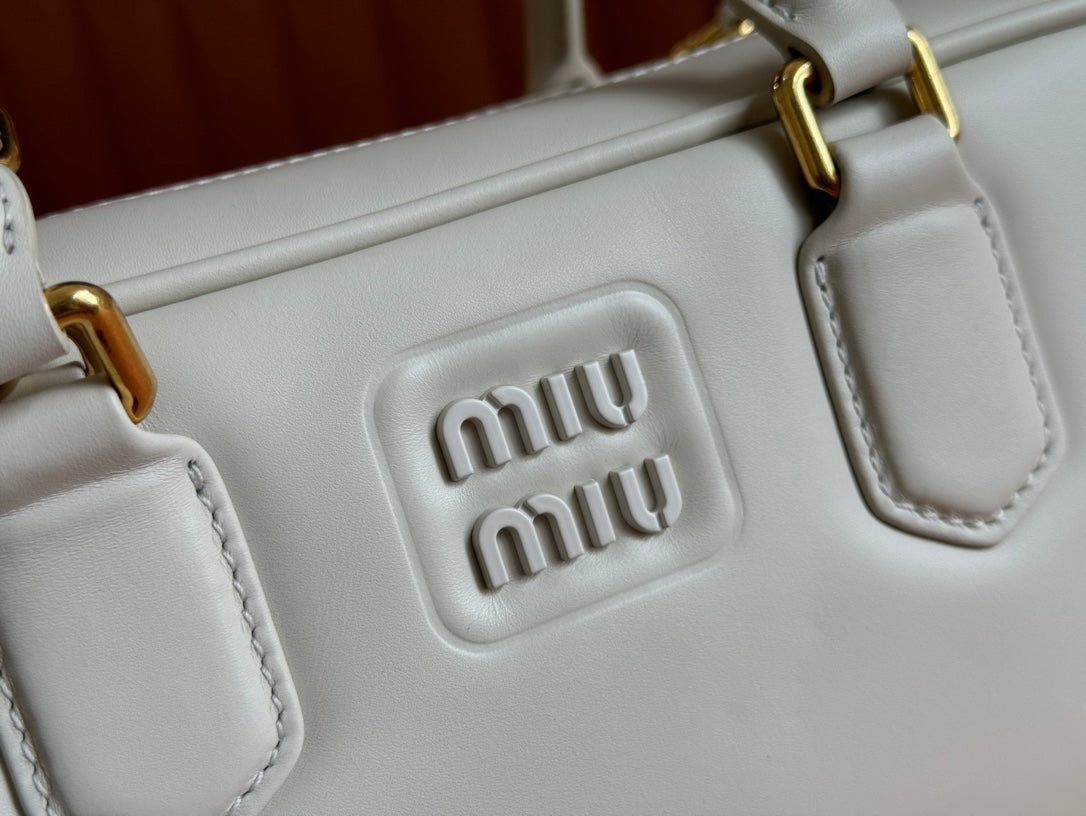 MIU MIU ARCADIE BAG 27 IN WHITE CALFSKIN EMBOSSED LOGO