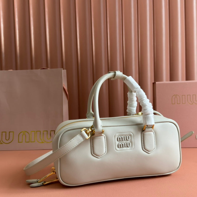 MIU MIU ARCADIE BAG 27 IN WHITE CALFSKIN EMBOSSED LOGO